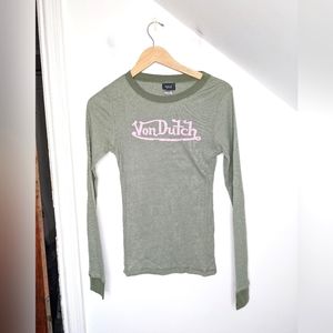 VON DUTCH Long Sleeve Retro Ribbed Thermal Top Pink Signature Green NEW Size L